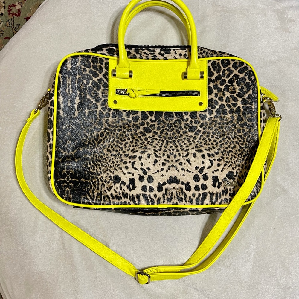Kate Landry neon yellow & cheetah print laptop bag
